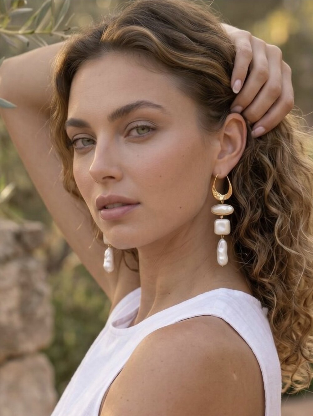 Gold Faux Baroque Pearl Drop Statement Earrings Hammered Hoop Boho Chic 4"